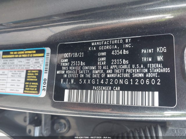Продаж на аукціоні авто 2022 Kia K5 Lxs, vin: 5XXG14J20NG120602, номер лоту: 42617098