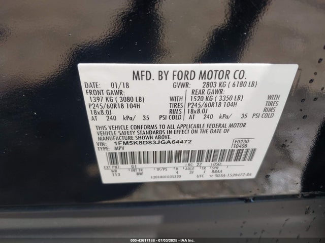 1FM5K8D83JGA64472 Ford 3.5l ti-vct