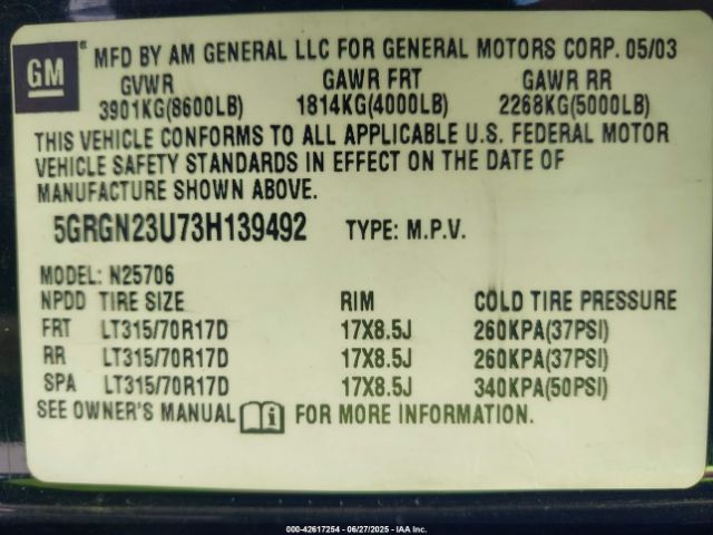2003 HUMMER H2 5GRGN23U73H139492 Photo 8