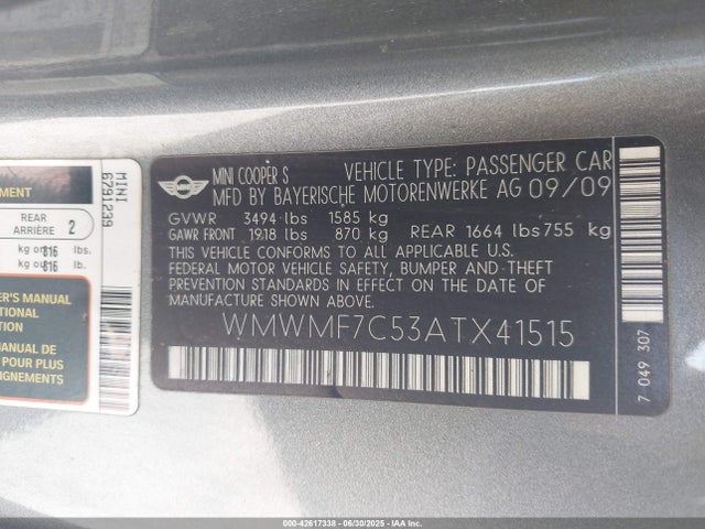 2010 MINI COOPER S WMWMF7C53ATX41515 Photo 8