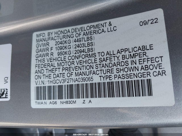 1HGCV3F27NA039065 Honda lfb2