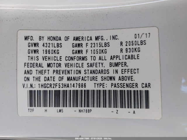 Aukcja sprzedaży 2017 Honda Accord Sport, vin: 1HGCR2F53HA147986, numer aukcji: 42617580