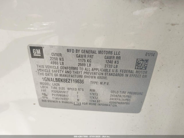 1GNALBEK8EZ119636 Chevrolet lea - flex fuel (gas/alc), aluminum, high output