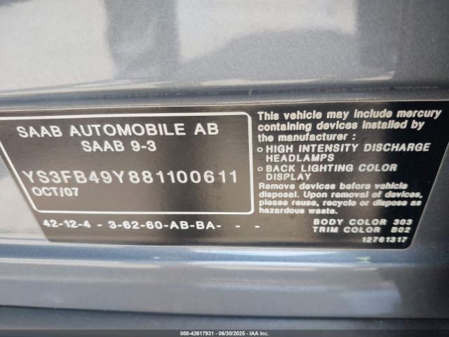 2008 SAAB 9-3 YS3FB49Y881100611 Photo 8