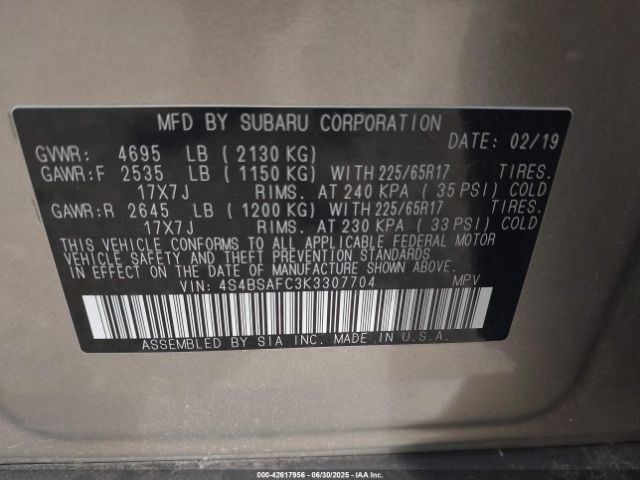 2019 SUBARU OUTBACK 4S4BSAFC3K3307704 Photo 8