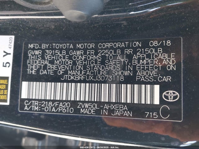 JTDKBRFUXJ3073118 Toyota 2zr-fxe,1nm
