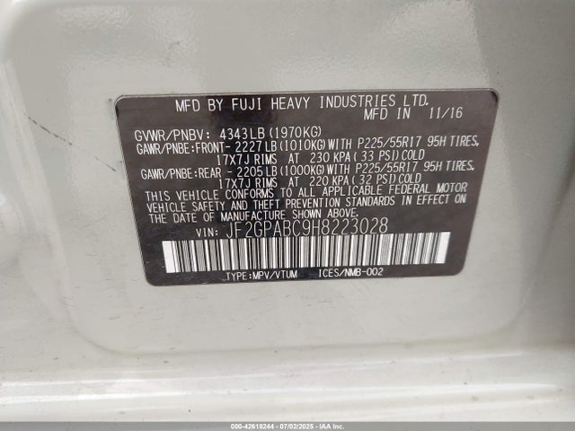 Subaru naturally aspirated 2017 JF2GPABC9H8223028 Image 9