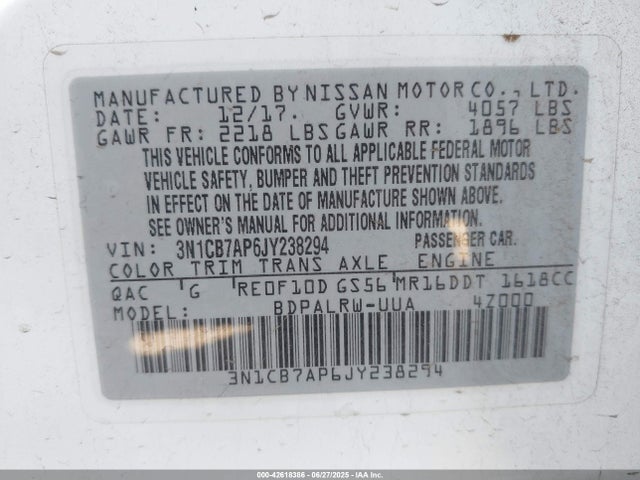 3N1CB7AP6JY238294 Nissan 2018