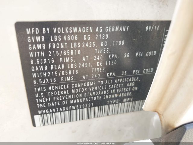 WVGAV7AX6FW529397 Volkswagen 2015