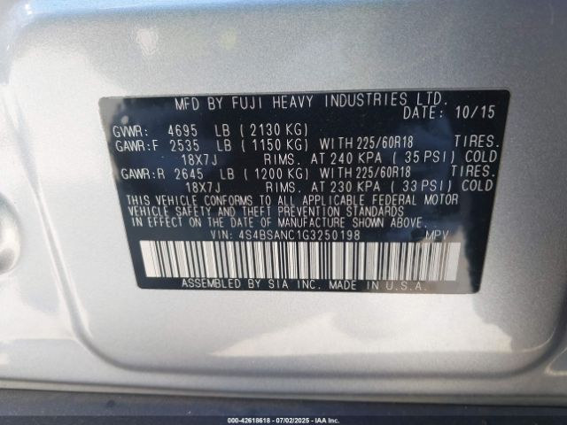 2016 SUBARU OUTBACK 4S4BSANC1G3250198 Photo 8