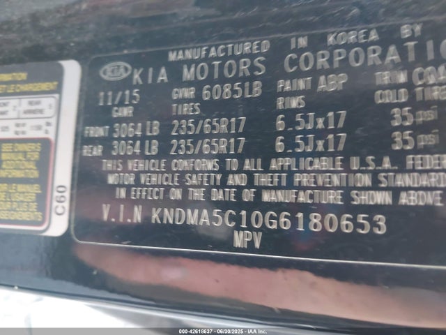 Aukcja sprzedaży 2016 Kia Sedona L, vin: KNDMA5C10G6180653, numer aukcji: 42618637