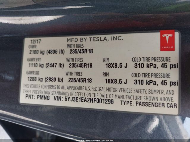 2017 TESLA MODEL 3 5YJ3E1EA2HF001296 Photo 8