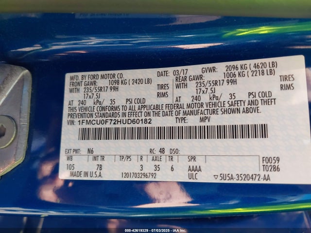Ford 2.5l i-vct 2017 1FMCU0F72HUD60182 Image 9