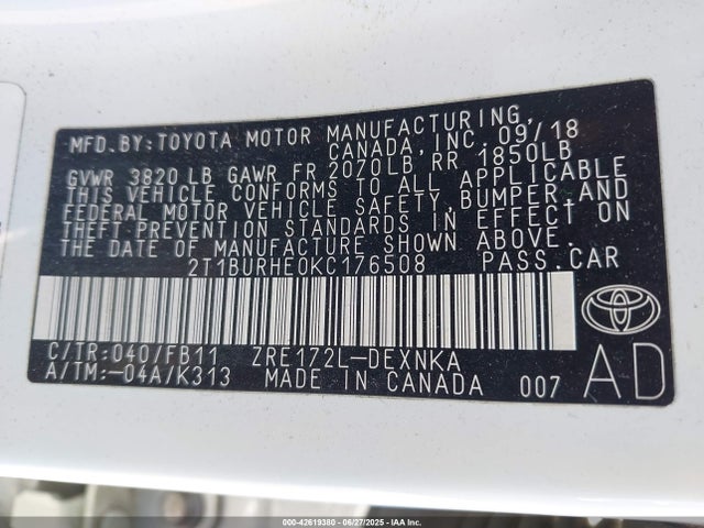 2T1BURHE0KC176508 Toyota 2zr-fe