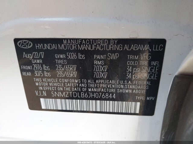 5NMZTDLB6JH076844 Hyundai gdi theta ii