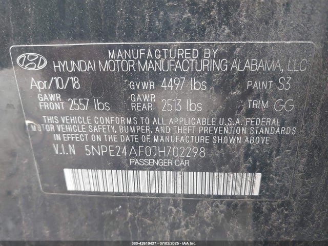 5NPE24AF0JH702298 Hyundai gdi theta-ii