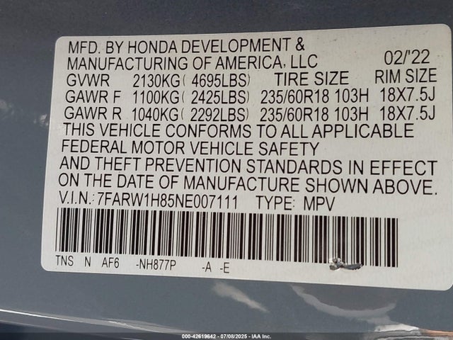 7FARW1H85NE007111 Honda l15be