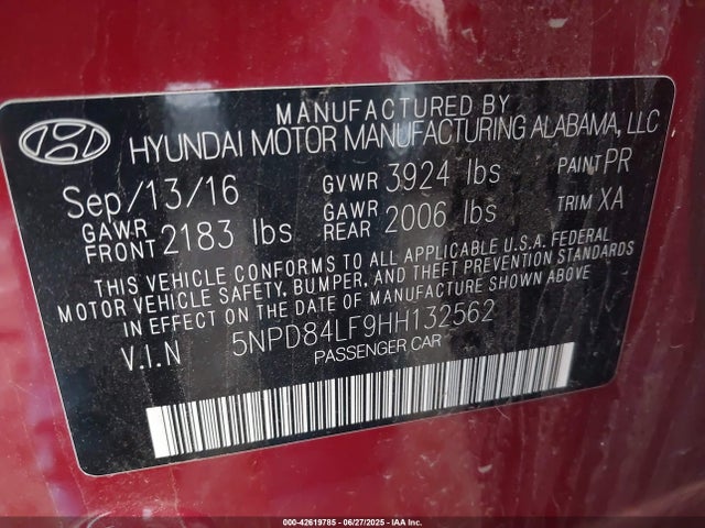 5NPD84LF9HH132562 Hyundai 2017