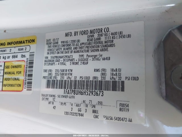 1FATP8UH6H5293673 Ford 2.3l 4v premium fuel