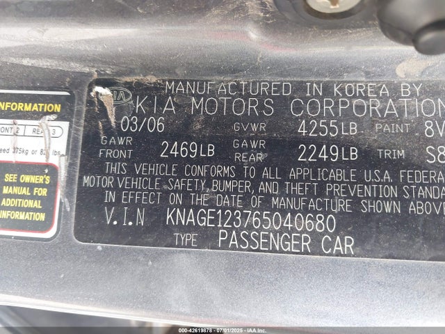 42619878 :رقم المزاد ، KNAGE123765040680 vin ، 2006 Kia Optima Ex (new)/lx (new) مزاد بيع