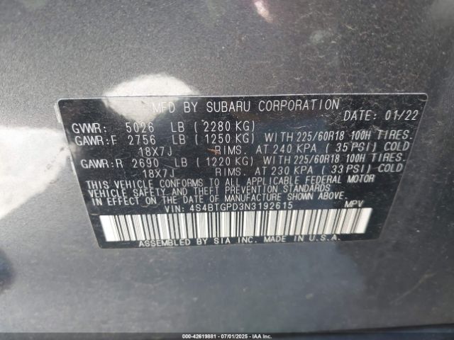 2022 SUBARU OUTBACK 4S4BTGPD3N3192615 Photo 8