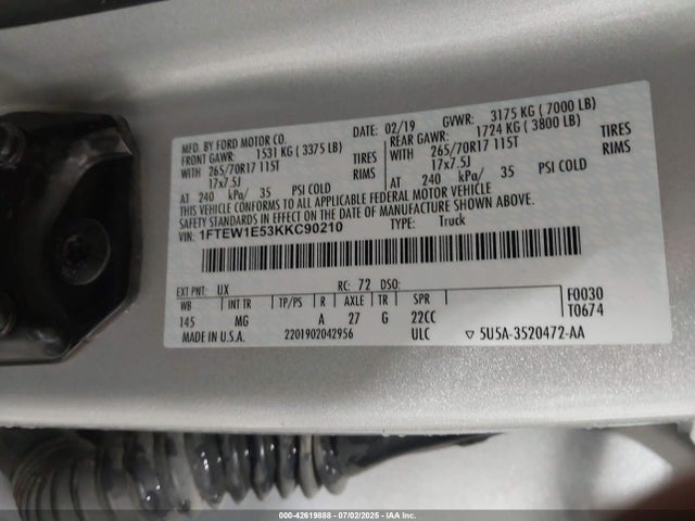 Ford 5.0l 4v 2019 1FTEW1E53KKC90210 Image 9