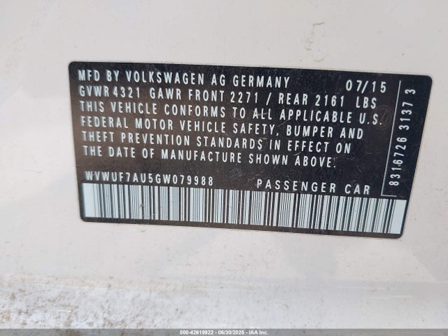 WVWUF7AU5GW079988 Volkswagen 2016