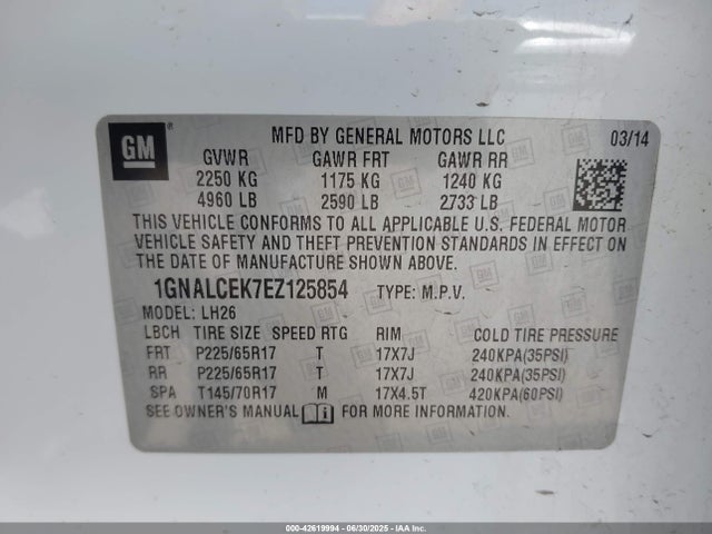 1GNALCEK7EZ125854 Chevrolet lea - flex fuel (gas/alc), aluminum, high output