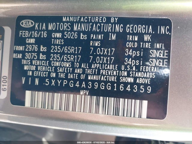 5XYPG4A39GG164359 KIA dohc gdi theta ii