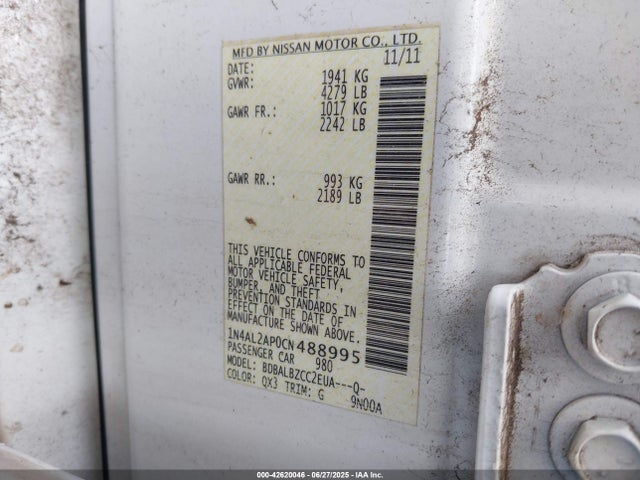 Aukcja sprzedaży 2012 Nissan Altima 2.5 S, vin: 1N4AL2AP0CN488995, numer aukcji: 42620046