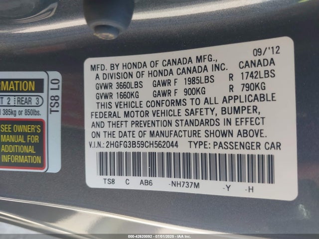 42620092 :رقم المزاد ، 2HGFG3B59CH562044 vin ، 2012 Honda Civic Lx مزاد بيع