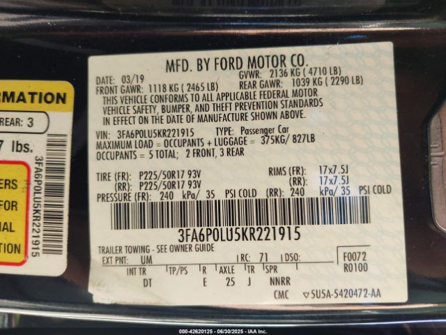 2019 FORD FUSION HYBRID 3FA6P0LU5KR221915 Photo 8