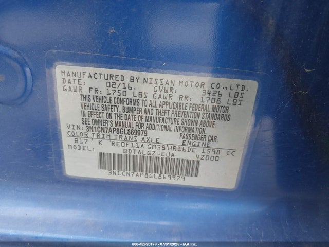 3N1CN7AP8GL869979 Nissan Versa