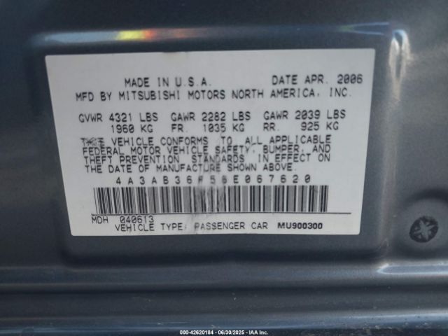 2006 MITSUBISHI GALANT 4A3AB36F56E067620 Photo 8