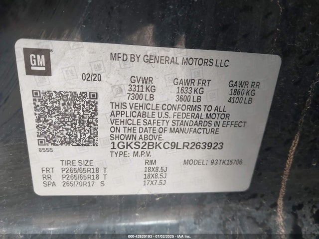 1GKS2BKC9LR263923 GMC l83 - spark ignited direct injection, variable valve timing, afm, e85 max, alum
