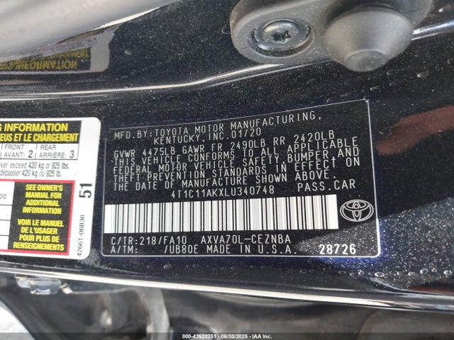 4T1C11AKXLU340748 Toyota a25a-fks