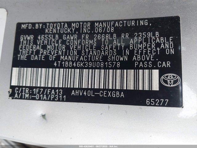 2009 Toyota Camry Hybrid მანქანა იყიდება აუქციონზე, vin: 4T1BB46K39U081578, აუქციონის ნომერი: 42620401