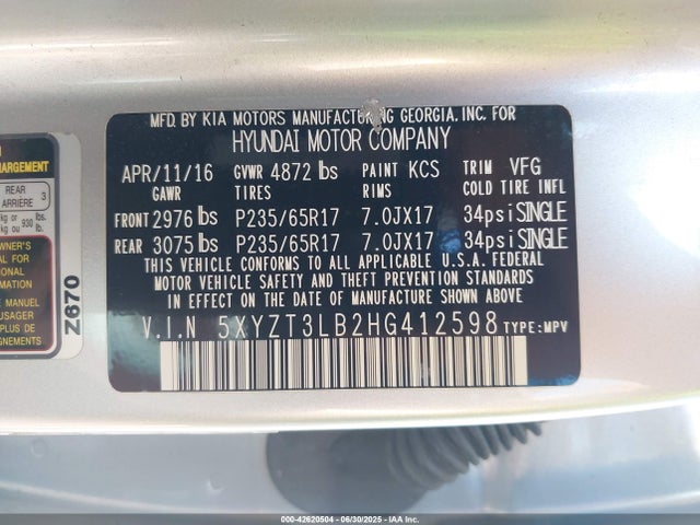 5XYZT3LB2HG412598 Hyundai gdi theta ii