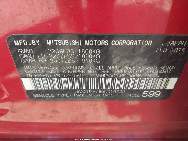 Продаж на аукціоні авто 2016 Mitsubishi Lancer Es, vin: JA32U2FU8GU010442, номер лоту: 42620595