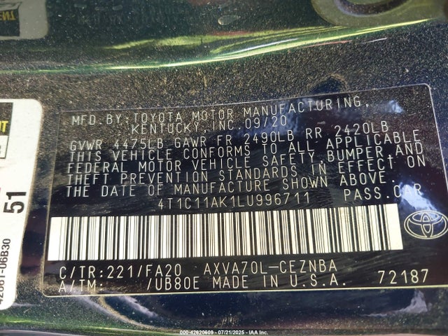 4T1C11AK1LU996711 Toyota a25a-fks
