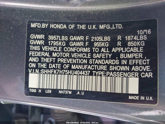 SHHFK7H75HU404437 Honda l15ba
