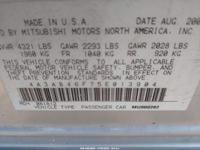 2005 MITSUBISHI GALANT 4A3AB46F75E013904 Photo 8