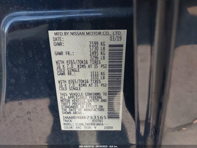 1N6AD0FR6KN753565 Nissan 2019