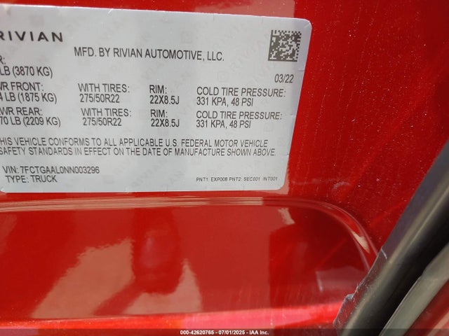 7FCTGAAL0NN003296 Rivian 2022