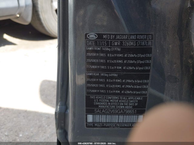 Land Rover s/c lev2 ulev 2016 SALAG2V69GA798651 Image 9