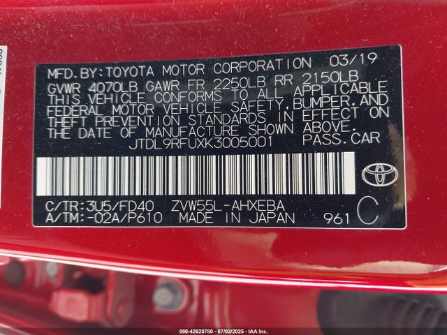 JTDL9RFUXK3005001 Toyota 2zr-fxe,1nm