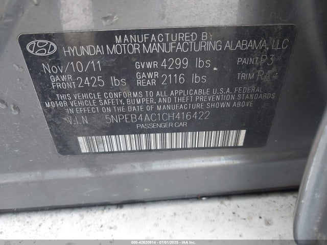 Продажа на аукционе авто 2012 Hyundai Sonata Gls, vin: 5NPEB4AC1CH416422, номер лота: 42620914