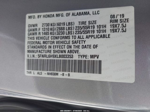 2020 HONDA ODYSSEY 5FNRL6H9XLB003353 Photo 8