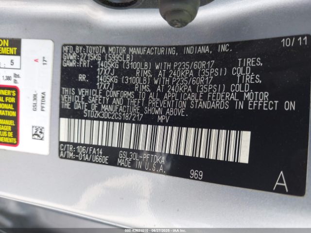 2012 TOYOTA SIENNA 5TDZK3DC2CS187217 Photo 8