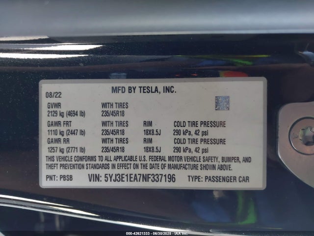 2022 TESLA MODEL 3 5YJ3E1EA7NF337196 Photo 8